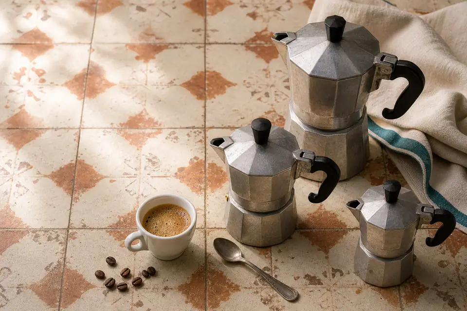 Three unbranded moka pots beside a small cup of dark coffee on worn tile
