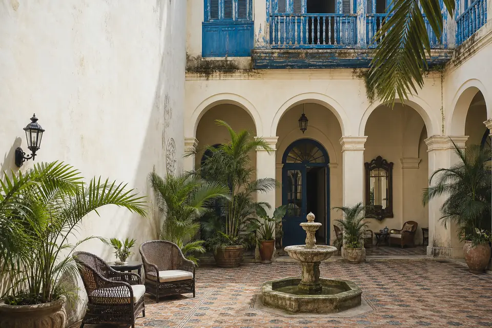 A sunlit Havana courtyard with arches, palms, blue balconies, and a stone fountain